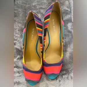 Nine West - Multi Colored Stripe Wedge Shoes & Clutch Purse Set